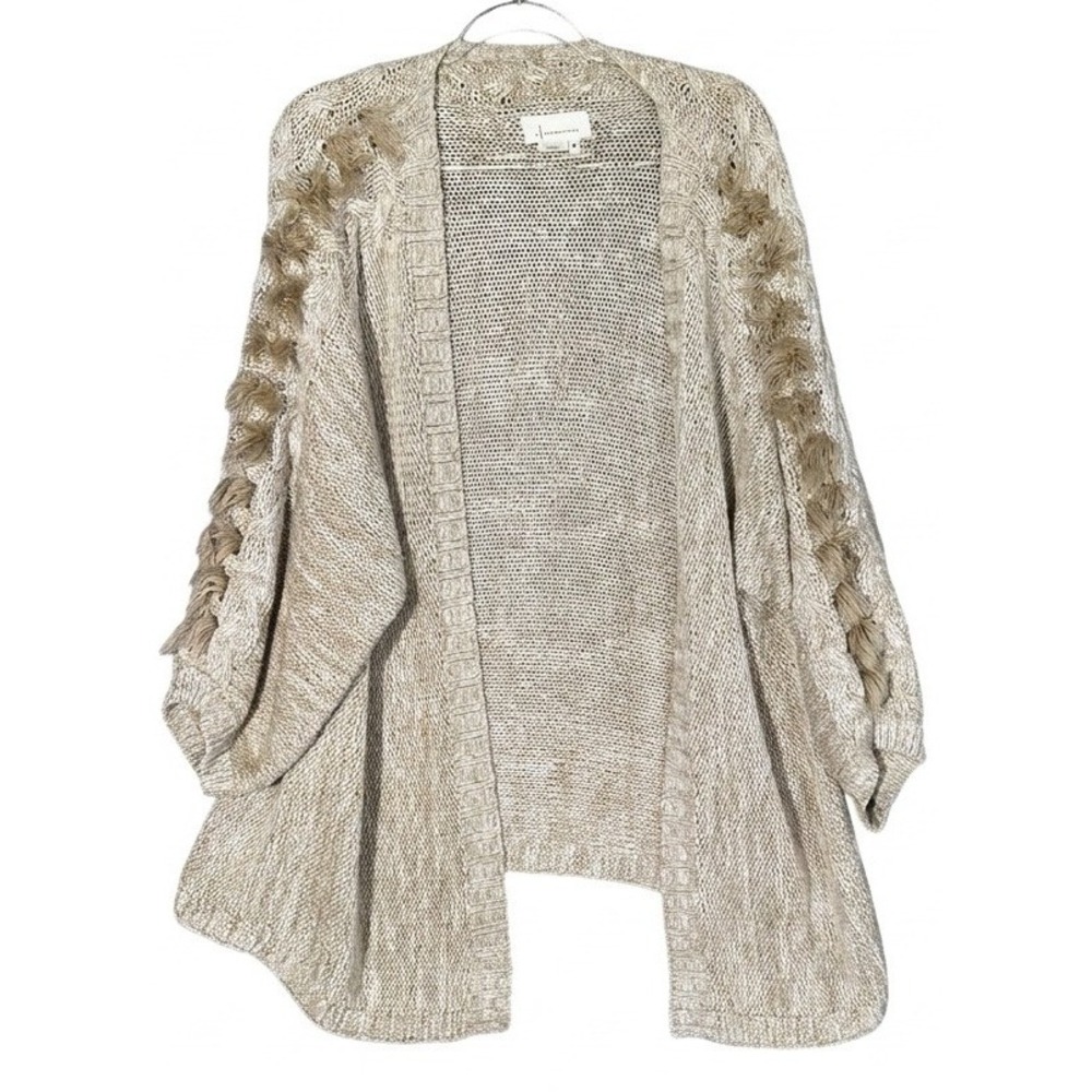 Anthropologie Tassel Sleeve Open Front Cardigan Sweater Beige Knit Womens OS
